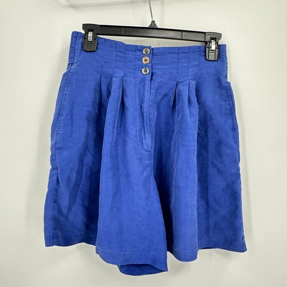 Vintage Express Paperbag Shorts Womens Small Silk Blue‎ High Waist Flowy Pleated